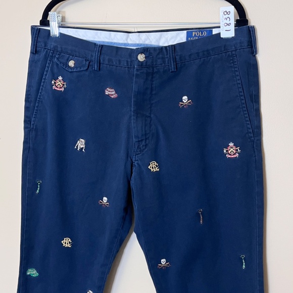Polo Ralph Lauren Embroidered Allover Bulldog Skull Slim Chino Pants - Men's 36 - Picture 2 of 12